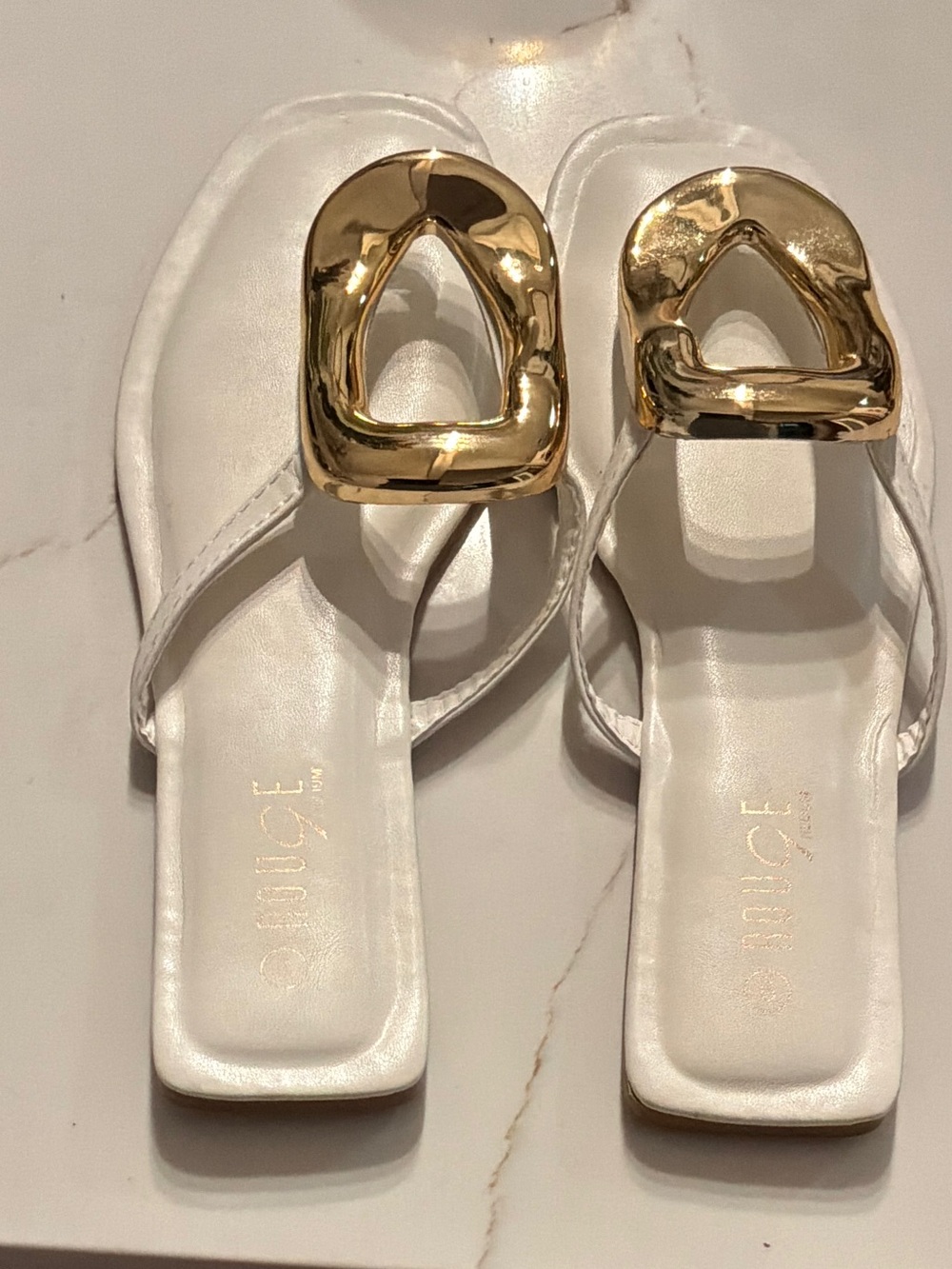 Rouge Helium White Slide Sandals with Gold Buckle Accent